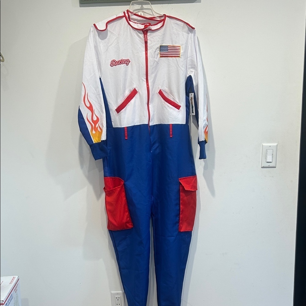 Tipsy Elves Red, White & Blue Racing Jumpsuit with Flame medium new unisex